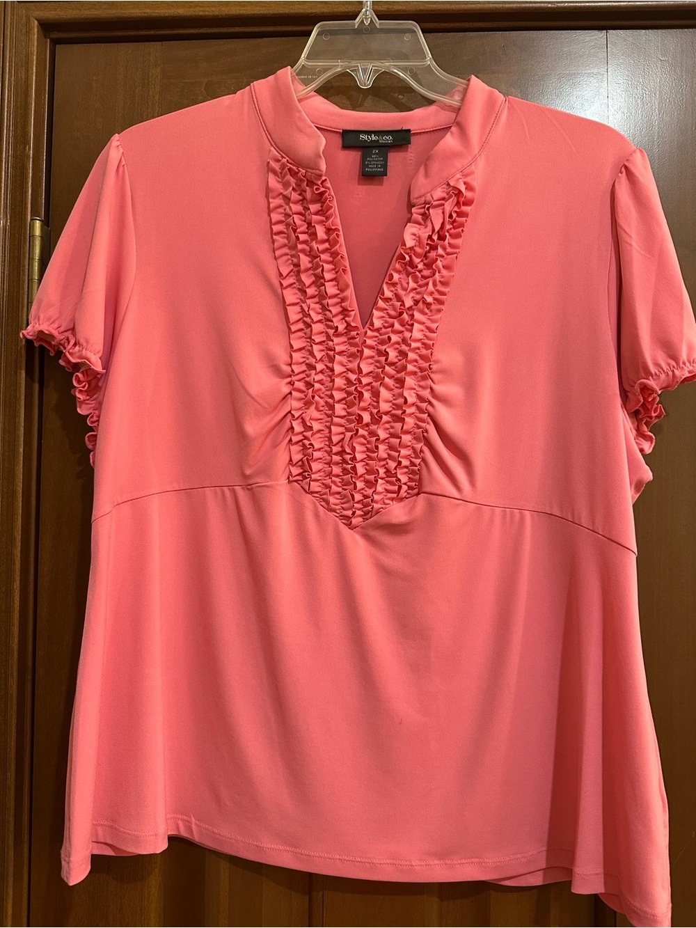 Style & Co. Woman Coral Pink Ruffle-Trim V-Neck Short Sleeve Blouse 2X